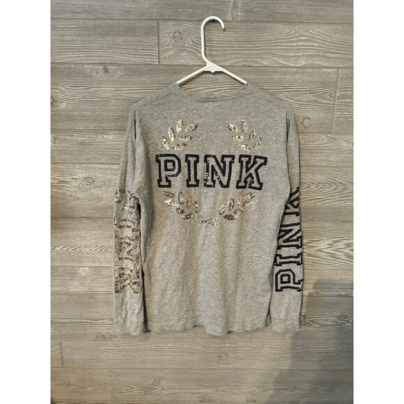 PINK Victoria Secret gray tshirt with black and silver bling‎ LOGO sequins - Picture 2 of 5
